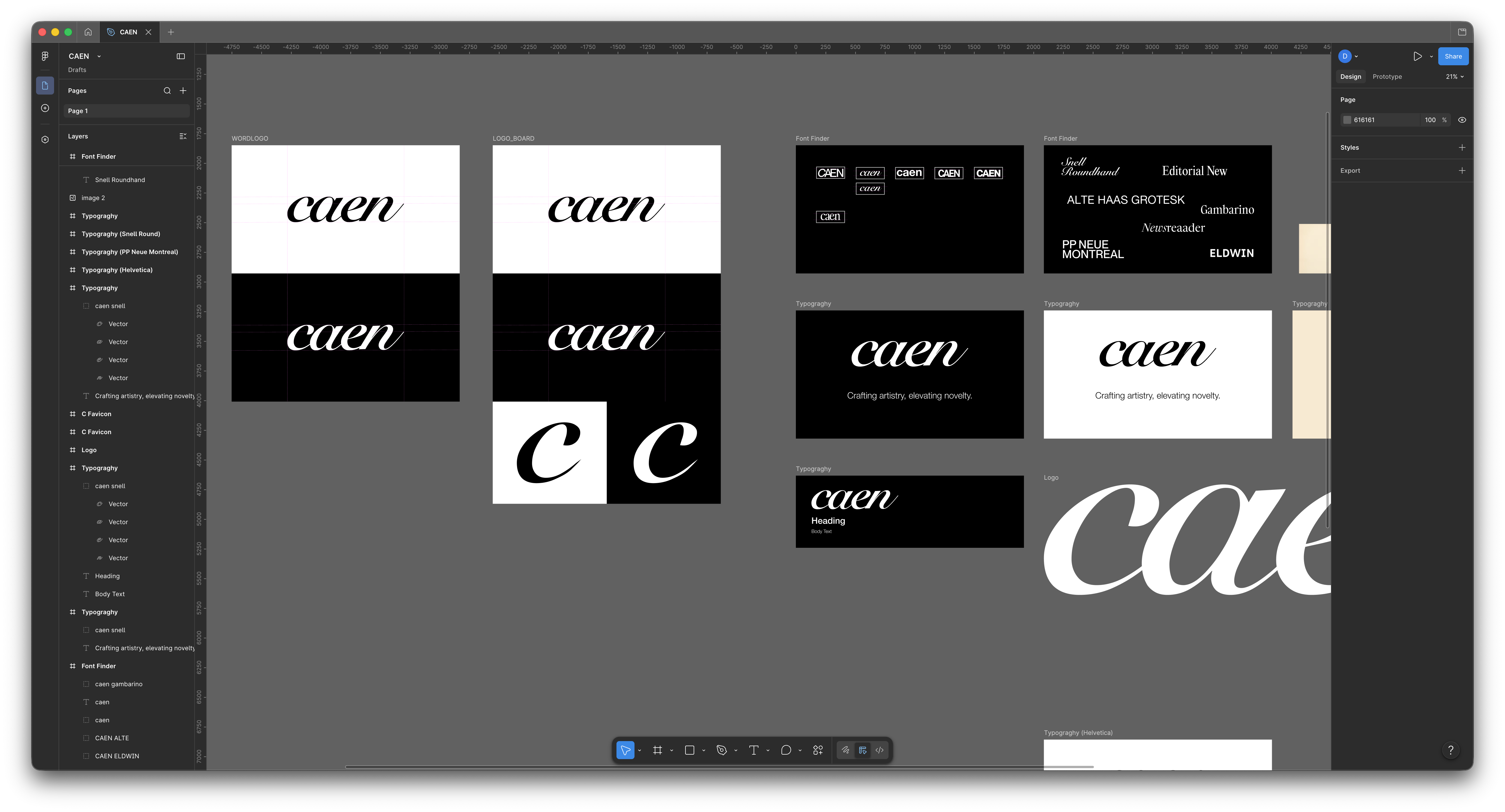 Caen Figma workspace showing brand and wordmark exploration