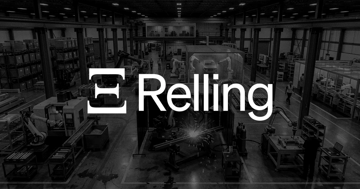 The Relling wordmark over a robotics factory floor: cobots welding, machining and picking down a working line