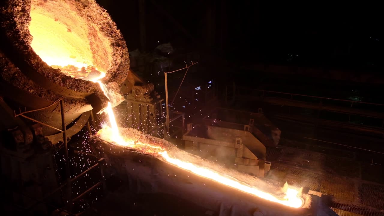 Heavy fabrication on the government page: molten metal pouring in a foundry