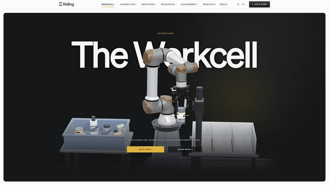 The Workcell page on rellingsystems.com: a cobot picking from a bin, with the cell described as one unit