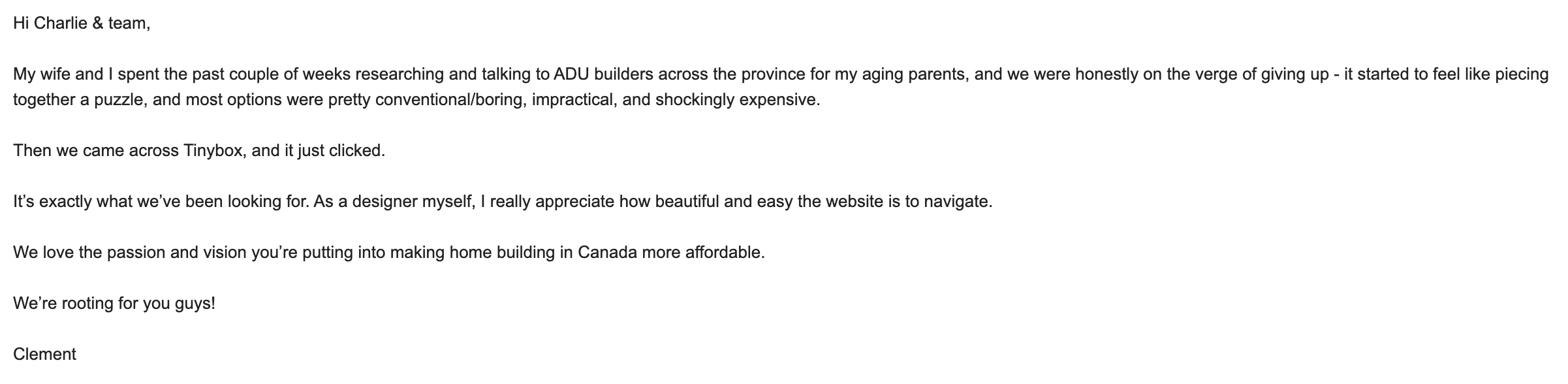 Real customer thank you message highlighting Tinybox impact